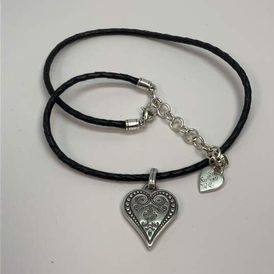 Designer Brighton Silver-Tone Black Leather Cord Heart Pendant Necklace image number 3
