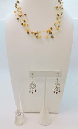 Romantic 925 Sterling Silver Pearl Quartz & CZ Drop Earrings Necklace & Ring 24.7g