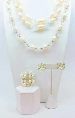Vintage Faux Pearl & Aurora Borealis Necklaces Clip On Earrings & Brooch 120.0g