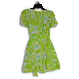 Womens Green White Floral V-Neck Short Sleeve Tie Waist Wrap Dress Size 0 alternative image