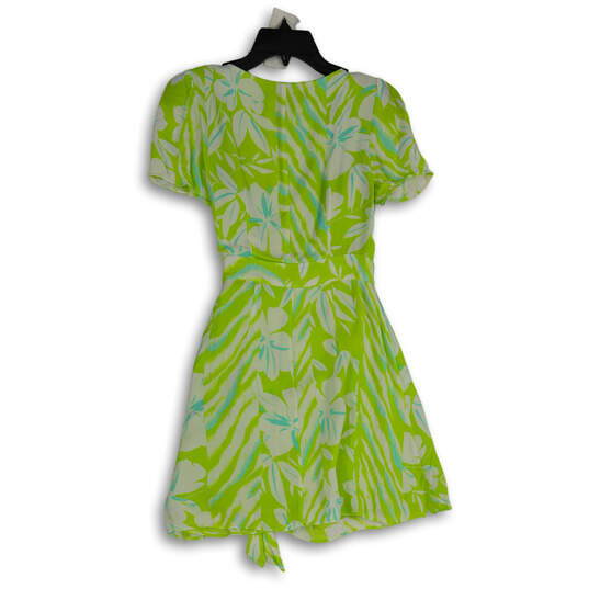 Womens Green White Floral V-Neck Short Sleeve Tie Waist Wrap Dress Size 0 image number 2