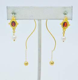 14K Gold Garnet Pearl Lever Back & Ball Bead Threader Earrings 3.3g