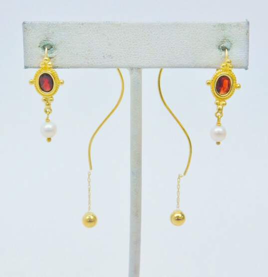14K Gold Garnet Pearl Lever Back & Ball Bead Threader Earrings 3.3g image number 1