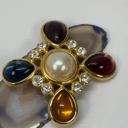 Designer Joan Rivers Gold-Tone Clear Rhinestone Maltese Cross Brooch Pin image number 1