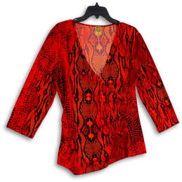 Womens Red Orange Snake Print Surplice Neck 3/4 Sleeve Blouse Top Size XL