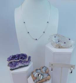 Sterling Silver Liquid Silver & Amethyst Necklace & Fancy Chain & Amethyst Bracelet Wavy Ring Hoop Earrings 23.9g