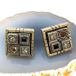 Designer Patricia Locke Two-Tone Rhinestones Square Shape Stud Earrings