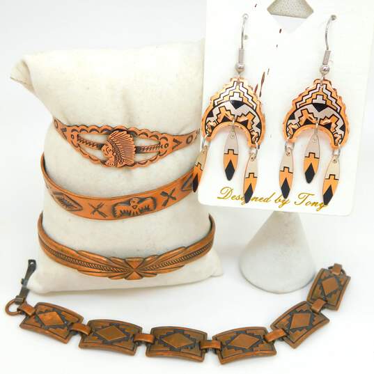 Variety Southwestern Style Copper Drop Earrings & Bracelets 50.9g image number 1