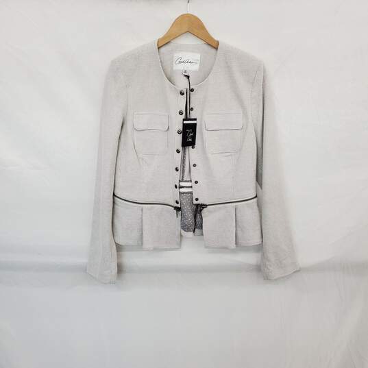 Carol Anderson For Cabi White & Black Cotton Blend W/ Zipper Detail Blazer Jacket WM Size 8 NWT image number 1