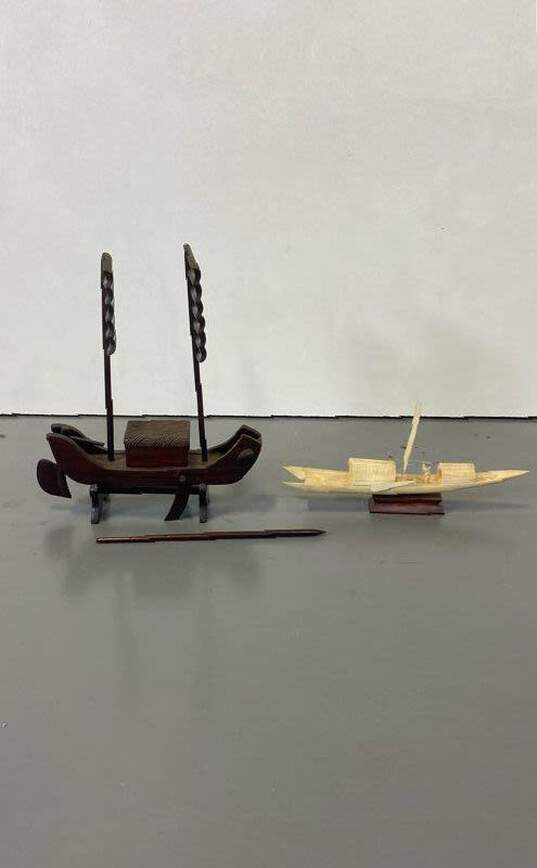Lot of 2 Asian Miniature Fishing Boats Missing Parts Sculpture Vintage image number 1