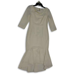 Womens White Ruffle 3/4 Sleeve Cowl Neck Back Zip Bodycon Dress Size 6