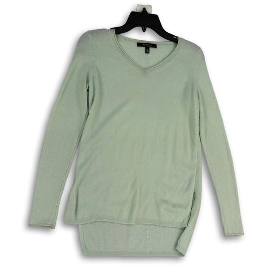 Womens Green Knitted V-Neck Long Sleeve Hi-Low Hem Pullover Sweater Size S image number 1