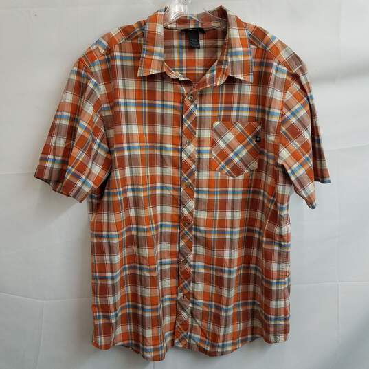 Marmot orange and blue plaid button up short sleeve shirt men's XL image number 1