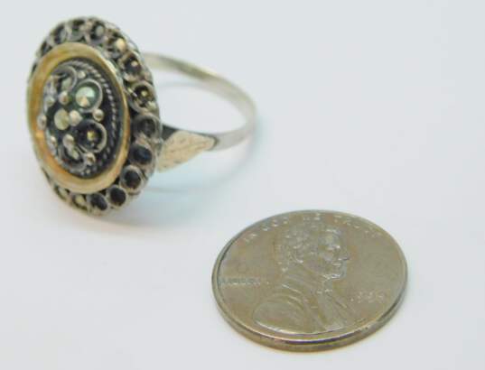Vintage 900 Silver & 8K Yellow Gold Accent Marcasite Cocktail Ring 4.9g image number 4