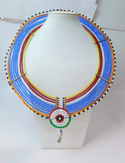 Artisan African Maasai Blue White Orange Yellow & Black Bead Large Collar Necklace