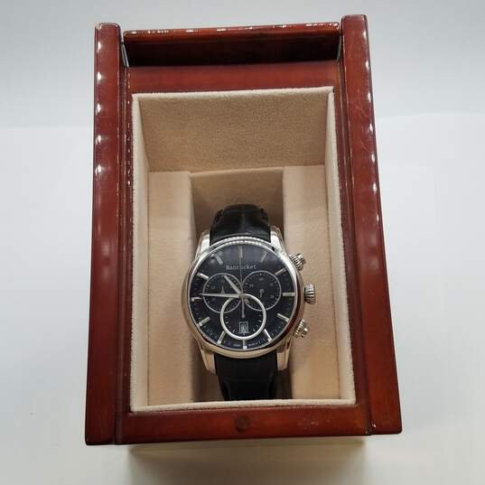 Nantucket 42mm Case A9829-5040D-6 Men's Chronograph Black leather band quartz Watch in wooden Case image number 2