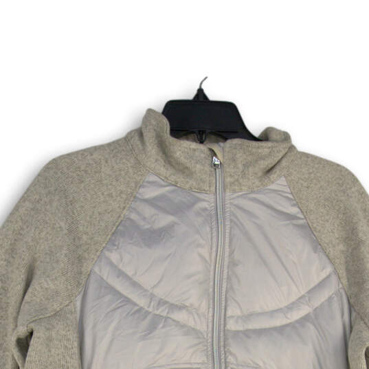Womens Gray Mock Neck Thumbhole Long Sleeve Full Zip Puffer Jacket Size L image number 3