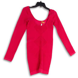 NWT Womens Pink Crochet Long Sleeve Scoop Neck Short Bodycon Dress Size M/L