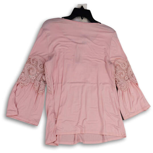 NWT Womens Pink Paisley Lace Bell Sleeve Pullover Blouse Top Size Small image number 2