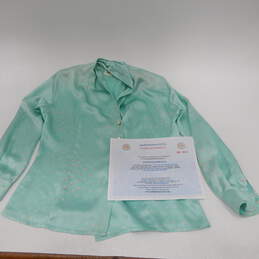 Escada by Margaretha Ley Aqua 100% Silk Faux Pearl Print And Buttons Long Sleeve Blouse (38) COA