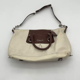 Womens Brown Beige Leather Detachable Strap Inner Zip Pocket Satchel Bag