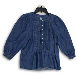 Gap Womens Blue Denim Pleated Crew Neck Long Sleeve Pullover Blouse Top Size S