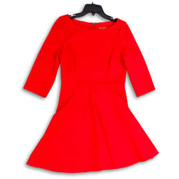Womens Red Round Neck 3/4 Sleeve Back Zip Fit & Flare Dress Size Medium