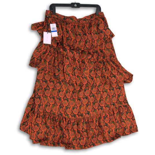 NWT Womens Orange Floral Ruffled Tiered Side Zip Midi A-Line Skirt Size XL image number 2