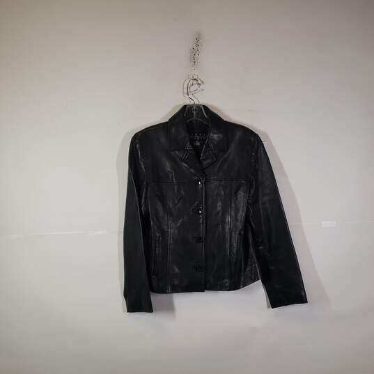 Womens Leather Long Sleeve Collared Motorcycle Jacket Size Medium image number 1