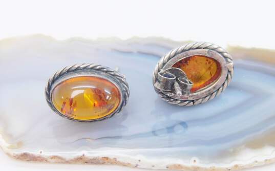 Artisan 925 Sterling Silver Amber Cabochon & Etched Ball Chain Necklaces Amber Cabochon Stud & Fan Screw Back Earrings 34.0g image number 3