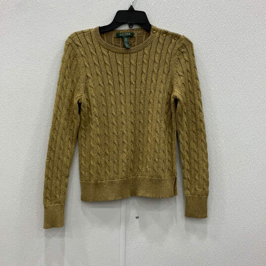 Womens Gold Long Sleeve Crew Neck Cable-Knit Pullover Sweater Size PM image number 1