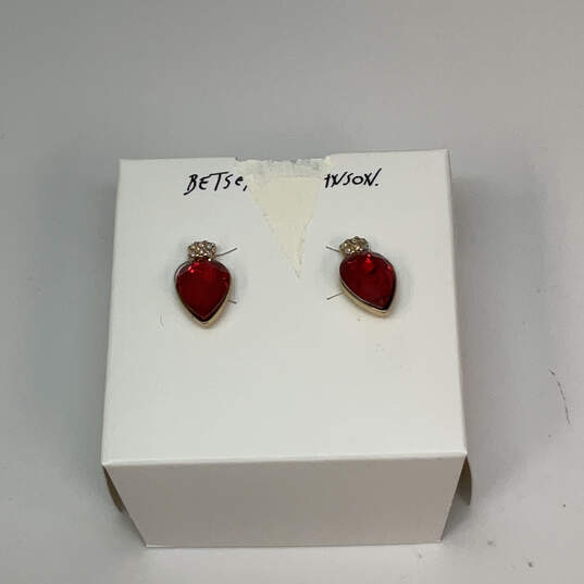 Designer Betsey Johnson Gold-Tone Red Crystal Stone Stud Earrings With Box image number 2