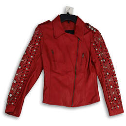 Womens Red Leather Long Sleeve Collared Full-Zip Motorcycle Jacket Size S