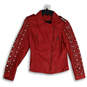 Womens Red Leather Long Sleeve Collared Full-Zip Motorcycle Jacket Size S image number 1
