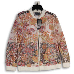 NWT Womens Pink White Floral Embroidered Full-Zip Bomber Jacket Size M