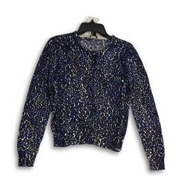 Ann Taylor Womens Blue Animal Print Long Sleeve Cardigan Sweater Size Medium