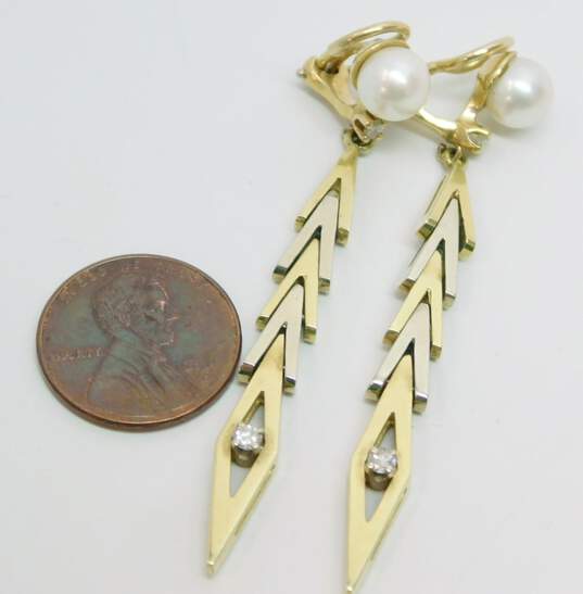 Elegant 14K Two Tone Gold Pearl 0.28 CTTW Diamond Chevron Dangle Omega Clip Earrings 12.3g image number 6