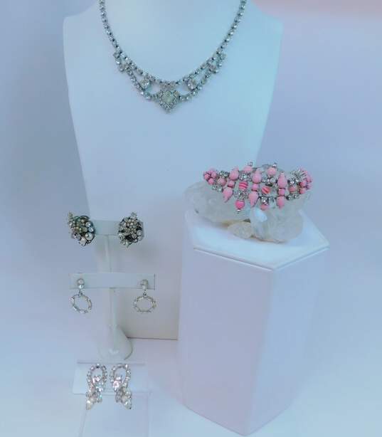 Vintage Robert & Fashion Pink & Clear Icy Rhinestone Clip-On Earrings Necklace & Bracelet 71.7g image number 1