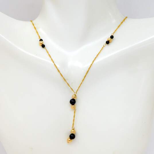 10K Gold Black Glass & Ball Beaded Lariat Twisted Curb Chain Necklace 1.4g image number 2