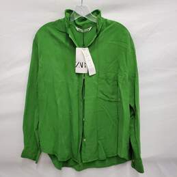 NWT Zara WM's Linen Blend Button Raw Hem Collar Green Long Sleeve Shirt Blouse Size SM