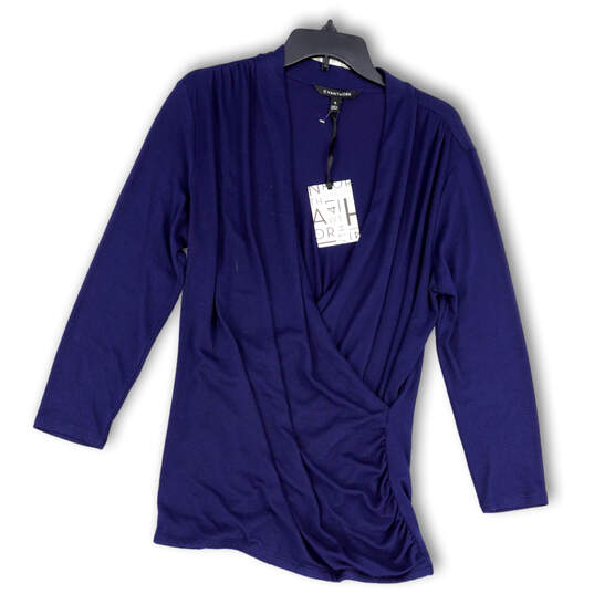 NWT Womens Blue Wrap V-Neck Long Sleeve Side Ruched Blouse Top Size XL image number 1