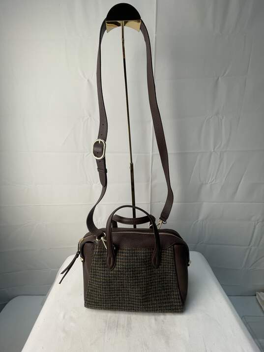 Women's Talbots Green Plaid Brown Leather Trim Satchel Hand Bag image number 1