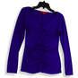 NWT Womens Blue V-Neck Ruched Front Long Sleeve Pullover Blouse Top Size M image number 1