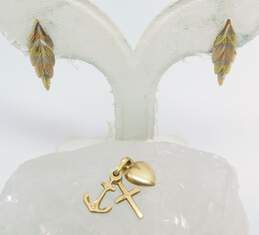 14k Tricolor Gold Feather Earrings & Heart Cross Anchor Pendant 1.8g