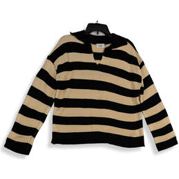 Womens Black Beige Striped Knitted Collared Pullover Sweater Size Small