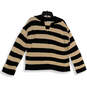 Womens Black Beige Striped Knitted Collared Pullover Sweater Size Small image number 1
