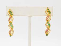 22K Gold Emerald Ruby & Pearls Braided Indian Wedding Style Drop Screw Post Earrings 10.7g