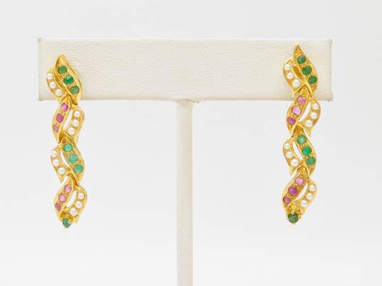 22K Gold Emerald Ruby & Pearls Braided Indian Wedding Style Drop Screw Post Earrings 10.7g image number 1