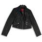 Womens Black Leather Spread Collar Long Sleeve Full-Zip Motorcycle Jacket Size M image number 1
