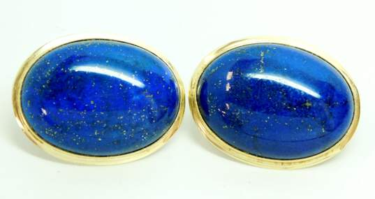 14K Yellow Gold Lapis Lazuli Oval Cabochon Omega Back Earrings 20.8g image number 3